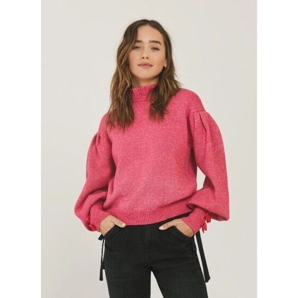 Something Navy Pink Hattie Mock Neck Puff Sleeve Red Bow Sweater large